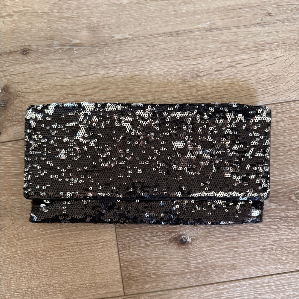 BCBGMaxAzria Black and Silver Sequin Clutch Glamorous Evening Accessory